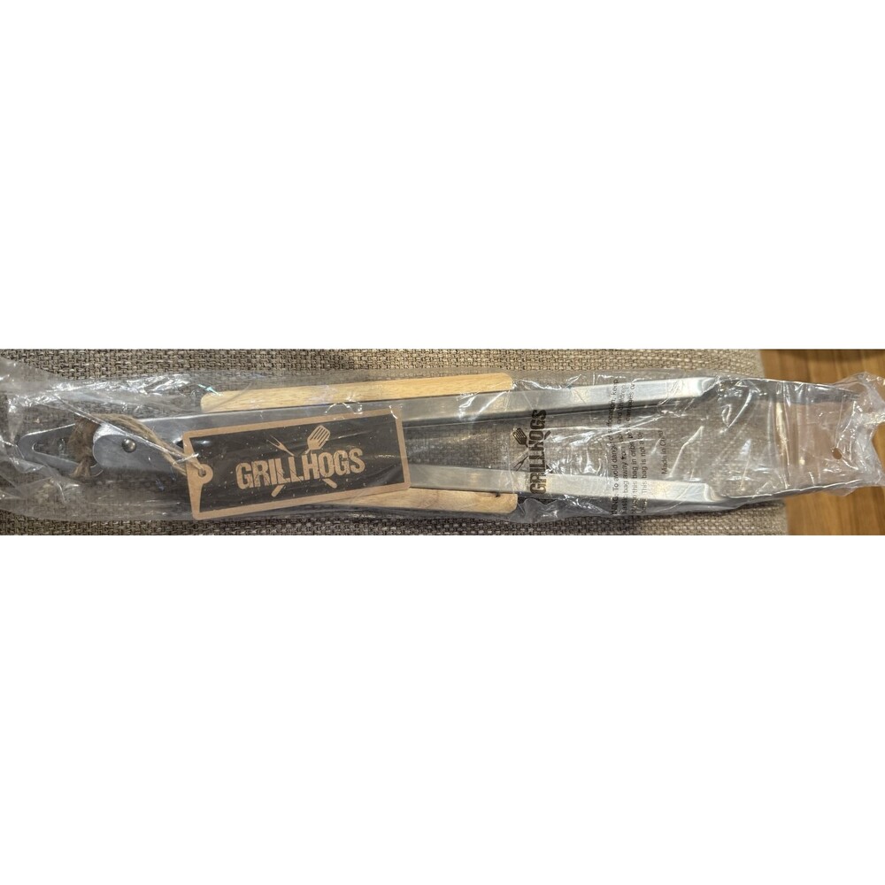 New GrillHogs Wood Handle Metal BBQ 17" Tongs